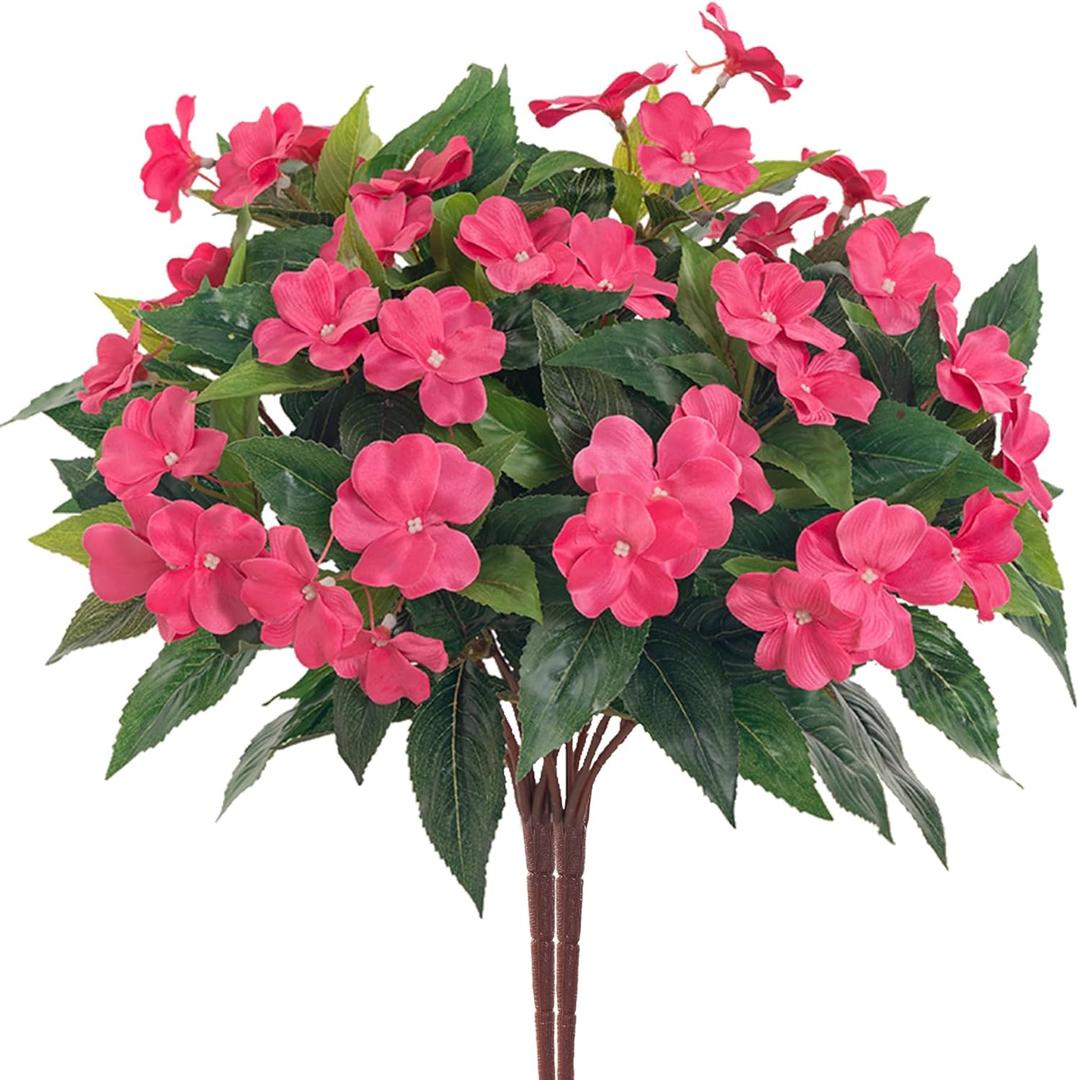 Artificial Impatiens Bouquet Flowers for Outdoors Silk Faux Flowers for Outdoor Impatiens Plants Decor Indoor Planters Kitchen Planters and Balcony Decorations 2PCSRose Red