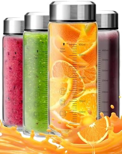 16oz Glass Juice Bottles with Lids 4-Pack, Wide Mouth Reusable Water Bottles for Juicing, Smoothies, Infused Water - Leakproof BPA Free Premium Clear Glass & Stainless Steel Lids, Fridge Safe
