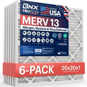 BNX TruFilter 20x20x1 Air Filter MERV 13 (6-Pack) - MADE IN USA - Electrostatic Pleated Air Conditioner HVAC AC Furnace Filters for Allergies, Pollen, Mold, Bacteria, Smoke, Allergen, MPR 1900 FPR 10