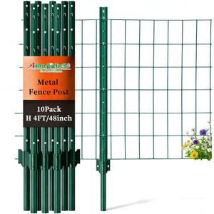 Amagabeli Heavy Duty Metal Fence Posts 4 Feet 10 Pack No Dig Garden U Post Stakes for Wire Fence Temporary Fencing Electric Fence Wire Safety Fence Mesh Fence Garden Fencing T Post for Yard Green
