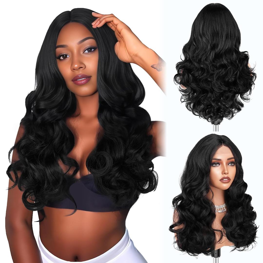 Small Lace Front Wig Middle Part Wavy Yaki Synthetic Wig Heat Resistant Fiber Natural Looking 18 Inch Wavy Wig for Women  Off Black