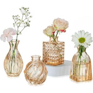 Hewory Small Glass Vases for Flowers: Set of 4 Mini Bud Vases for Tables Centerpieces - Vintage Flower Vase for Wedding Party Home Decor(Champagne Rose Gold)