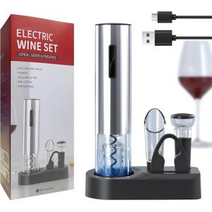 Electric Wine Opener, 6-in-1 Rechargeable Wine Bottle Opener set includes Automatic Corkscrew Wine Opener, Foil Cutter, Vacuum Wine Stopper, etc. Ideal gift for Wine Lovers (Silver)