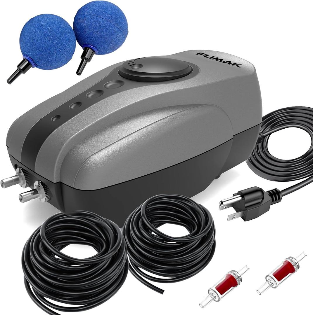 All-in-One Pond Aerator for Outdoor Ponds, Flow Adjustable Pond Air Pump Aeration Kit with Airline Tubing Air Stones Check Valves (Up to 1000 Gallon)