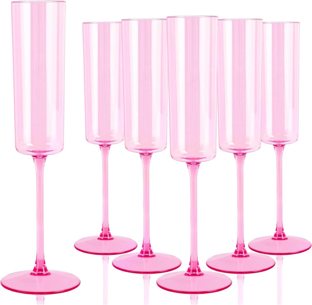YOUBET 24 Pack Pink Plastic Champagne Flutes - 6 Oz Clear Pink Champagne Glasses - Square Plastic Toasting Glasses for Party Birthday Anniversary Wedding