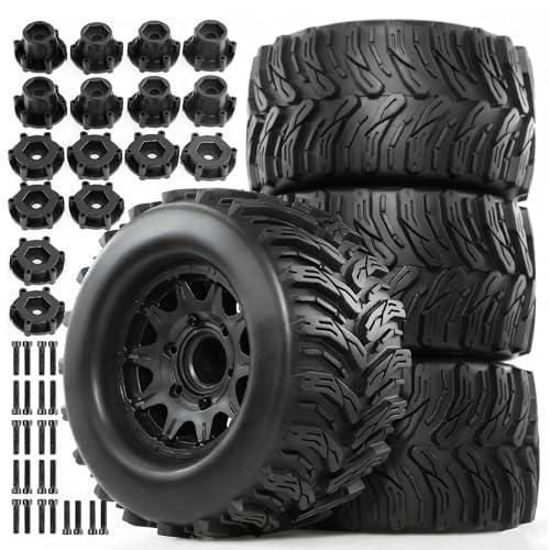 STMU 1/10 RC Rubber Tires & Wheel Rim 12mm/14mm Hex Hub 4.64''OD Compatible with 1/10 Scale Traxxas Rustler Slash HPI Redcat Volcano ExceedRC Infinitive RC Monster Truck Set of 4 (Type A)