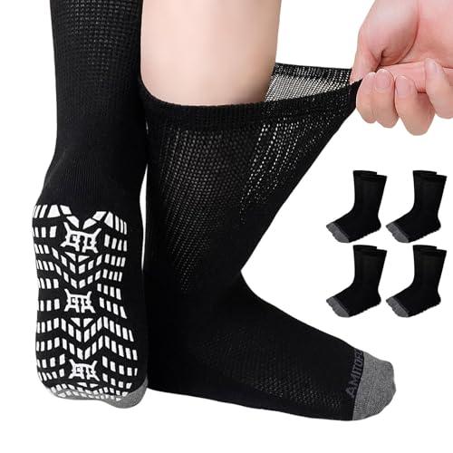 CaiDieNu Non Slip Diabetic Socks: 4 Pairs Non Binding Hospital Socks for Men Women with Grips Elderly Edema Black 11-13