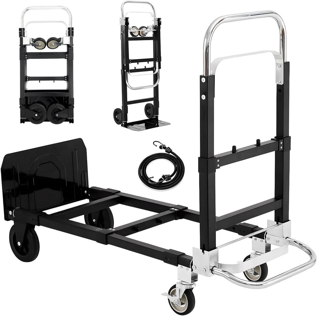 3 in 1 Dolly Cart with Wheels, 500 lb Folding Hand Truck with Retractable Handle and Bungee Cord, Convertible 2 Wheel Dolly Hand Truck for Moving Boxes, Home, Office, Warehouse, Travel, Black