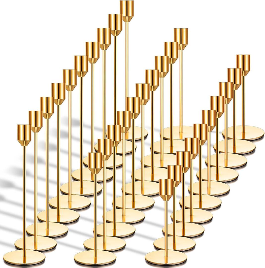 Tioncy 30 Pcs Candlestick Holders Bulk 5.7"/7.7"/9.7" Tall, Metal Taper Candle Holders Fit 0.75 Inch Thick Pillar Candle Stick Elegant Decor for Wedding Party Table Centerpiece(Gold)