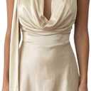 SHENHE Women's Satin Deep V Neck Halter Dress Draped Open Back Party Club Mini Silk Dresses, Large, Apricot