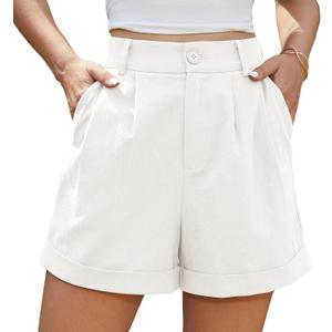 Jouica Womens Summer High Waist Shorts Roll Up Pleated Zippered Wrap Hem Wide Leg Shorts with Pockets (Large, 01white)