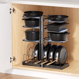 LAMU Pots and Pans Organizer Rack for under Cabinet, 8 Adjustable Tiers Pan Pot Organizers inside Cabinet with 15" Height, HeavyDuty Kitchen Organization and Storage Holds up to 12" Cookware, Black