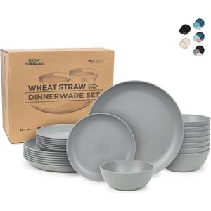 Grow Forward 24-piece Premium Wheat Straw Dinnerware Sets for 8 - Unbreakable Dishwasher & Microwave Safe Plastic Plates and Bowls Sets - Patio, Outdoors, RV, Camping Dishes - Feather