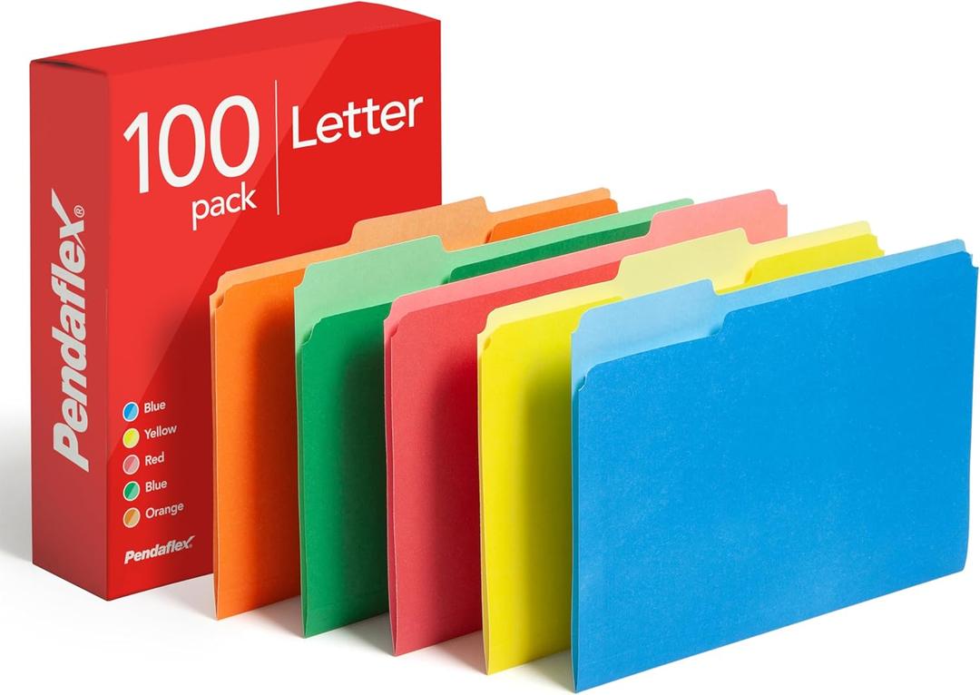 Pendaflex Colored File Folders, 100 Pack, Letter Size (8.5" x 11"), 3 Tabs, Durable Paper, 5 Colors: Blue, Green, Red, Yellow, Orange, Color-Coding for School, Office & Home Document Organization