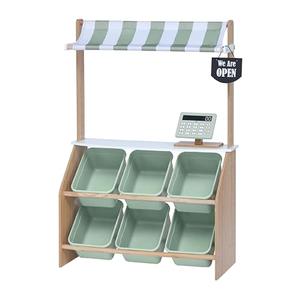 Teamson Kids Little Helper Wooden Farmer's Market Stand with Pretend Cash Register and 6 Plastic Storage Bins, Green, TD-13638A-AMZ