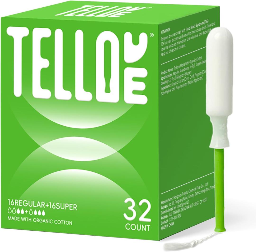 Tellove Tampons with 100% Organic Cotton Core, 32 Count(16 Regular, 16 Super), Featuring 360 Comfort-Expand Technology with BPA-Free Applicator, Leak-Proof for 8 Hours, Comfort-Fit for Sensitive Skin