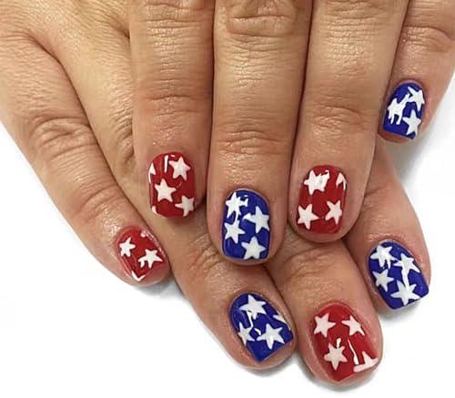 Set of 4 4th of July Press On Nails Extra Short Square,YEFIUO Red Blue Fake Nails Press ons Nail Art Tip Acrylic Nail Kit Glue on Nails Full Cover False Nails with White Pentagram Design for Ma'am 24 Pcs 