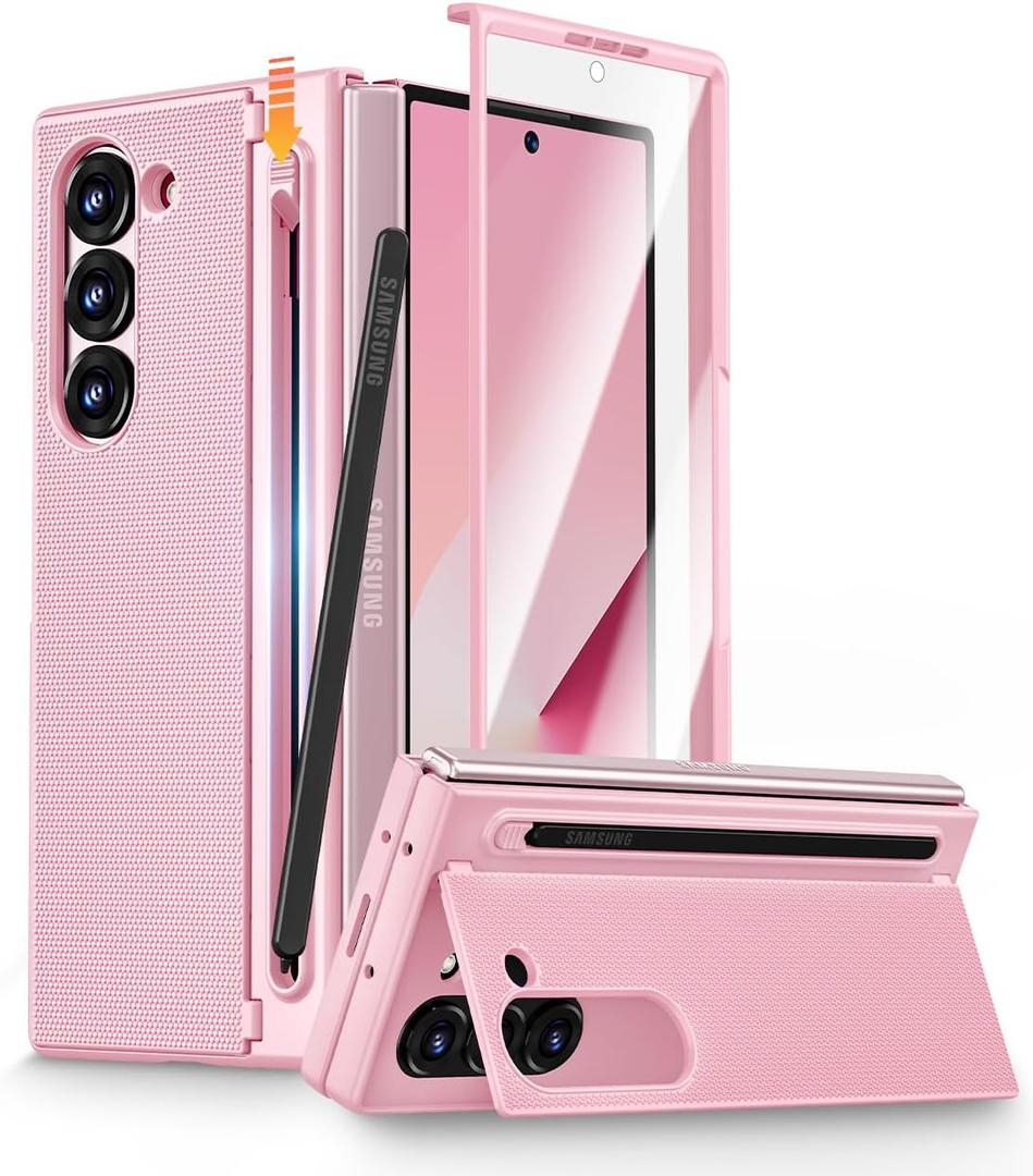 Caka for Galaxy Z Fold 6 Case with S Pen Holder Slot Hidden Kickstand Front Screen Protector Wireless Charging Slim Phone Case for Samsung Galaxy Z Fold 6, Pink