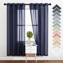 NICETOWN Natural Open Linen Weave Flax Textured Sheer Window Curtains, Medium Long Privacy Semi-Transparent Sheer Panels for Farmhouse / Bedroom, Total 2 Panels, Dark Blue,W52 x L72