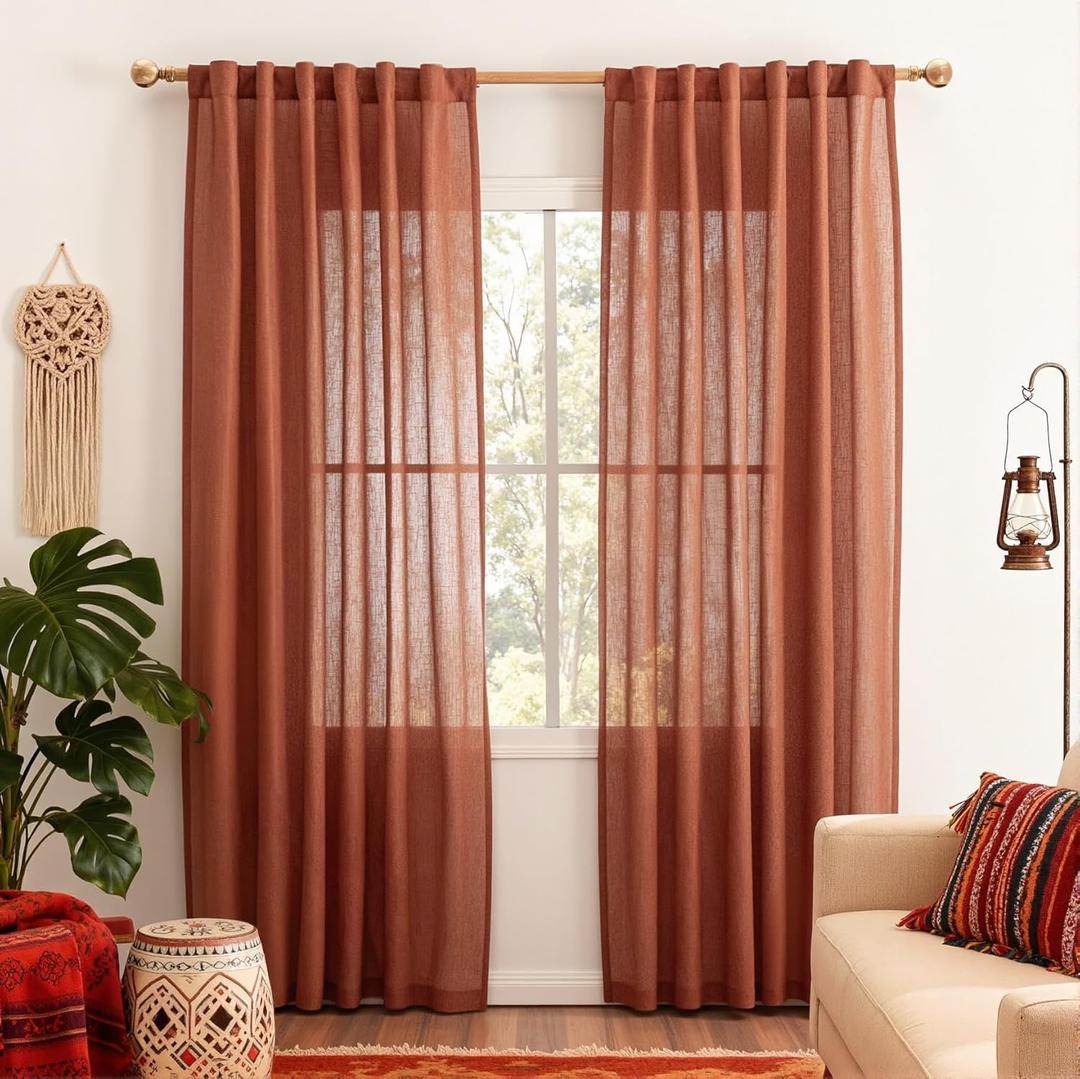 MYSKY HOME 90 Inches Long Curtains for Living Room Light Filtering Semi Sheer Curtains Bedroom Window Drapes Privacy Back Tab Farmhouse Rustic Boho Modern Country, Terracotta, 50" x 90", 2 Panels