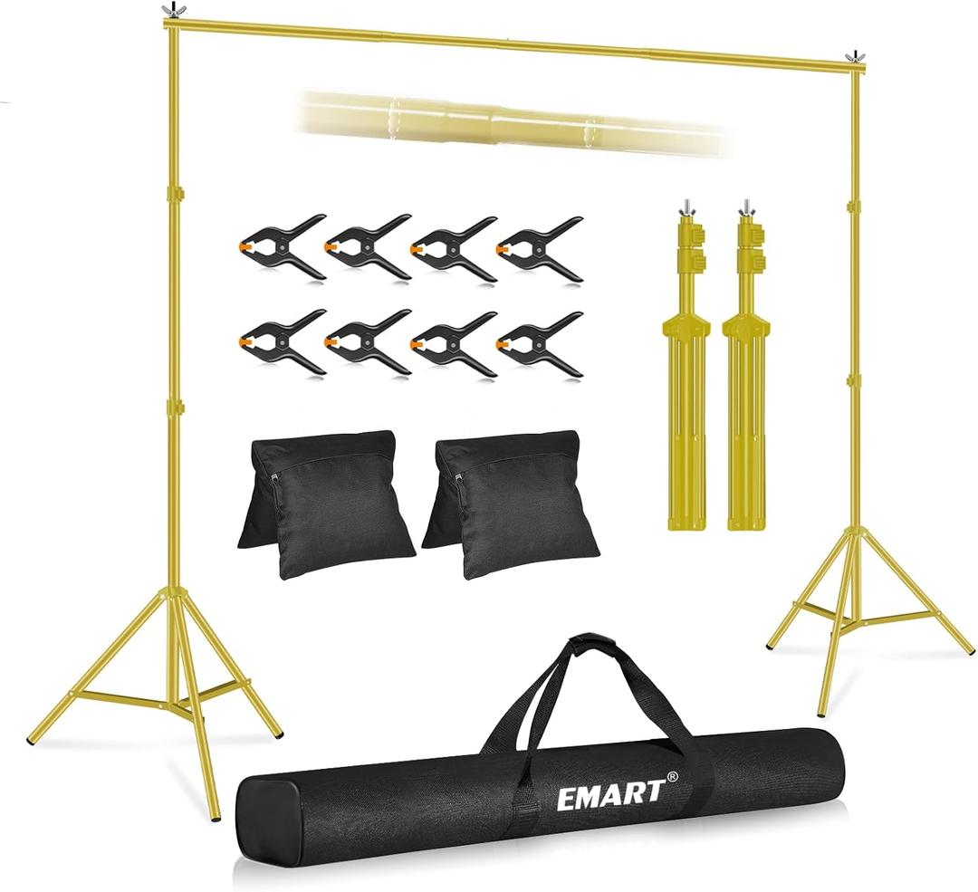EMART Backdrop Stand 10x7ft(WxH) Photo Studio Adjustable Background Stand Support kit with 2 Crossbars, 8 Clamps, 2 Sandbags and Carry Bag for Parties, Events Decoration, Wedding -Titanium Gold
