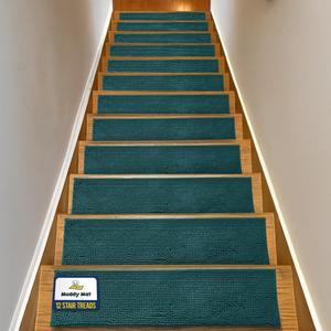 Muddy Mat® Pack of 12 - Soft Chenille Stair Treads Non-Slip Reusable, Super Absorbent Stair Treads for Wooden Steps, Tile & Marble Floor, Easy to Install & Machine Washable - Atlantic Blue 30'' x 7''