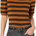 Amazon Essentials Women's Regular-Fit Puff Short-Sleeve Crewneck T-Shirt (XX-Large, Black Brown Placed Stripe)