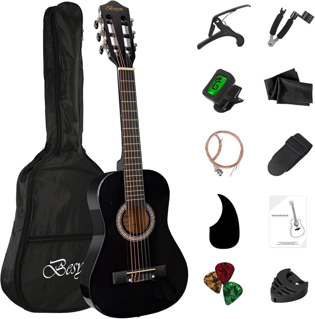 30" Black Beginner Acoustic Guitar Starter Package Student/Kids Guitar with Gig Bag,Strap,2 Picks,Extra Strings, Electronic Tuner.