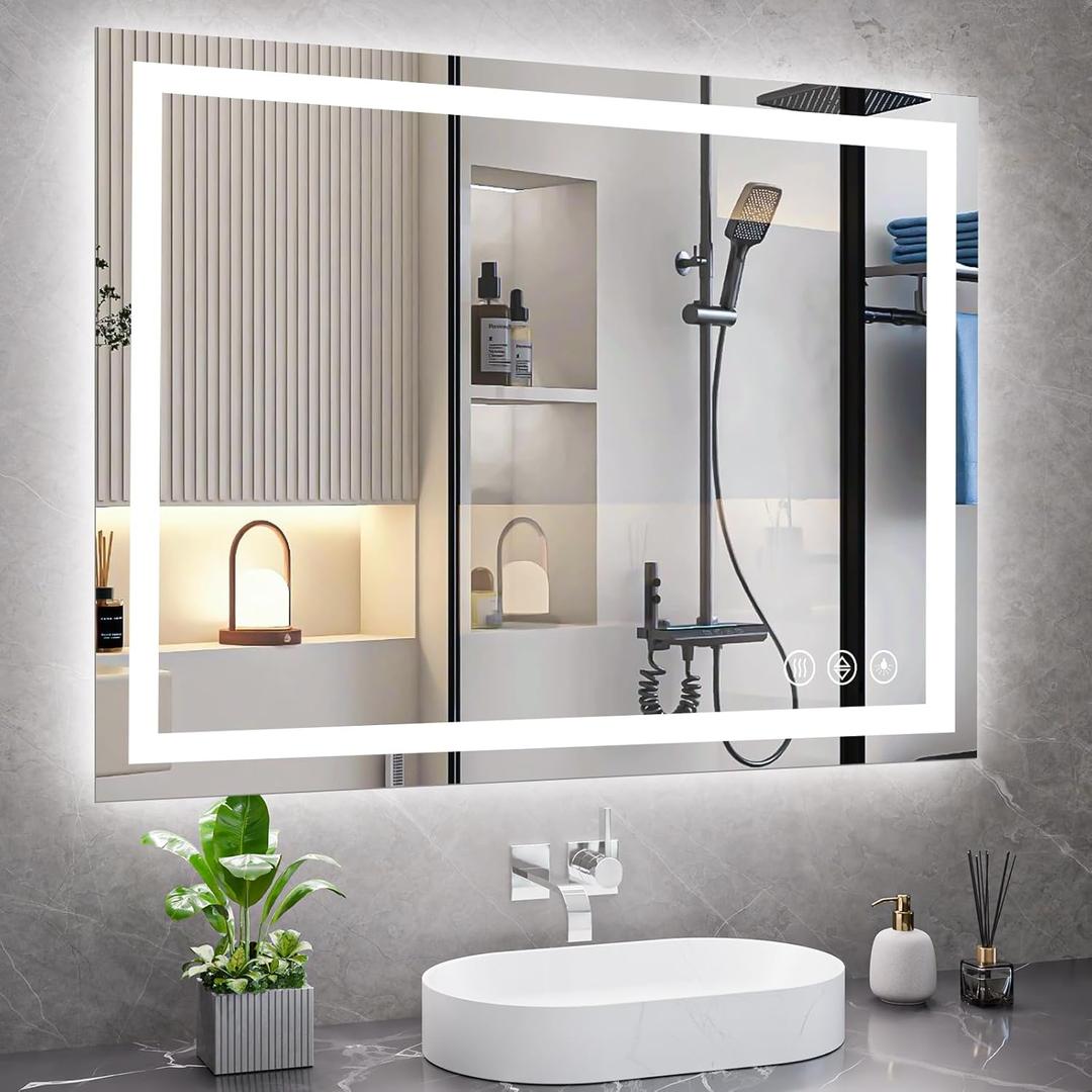 Koonmi 36x48 LED Bathroom Mirror, Backlit + Front Lit, LED Bathroom Mirror with Lights for Wall, 3 Colors, Anti-Fog, Dimmable Brightness, Memory Function, Tempered Glass
