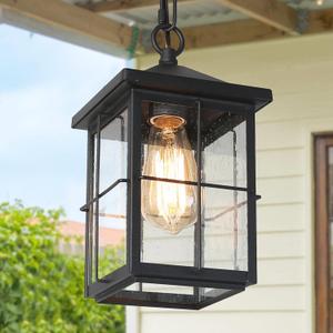 Outdoor Pendant Light Fixture, Farmhouse Exterior Hanging Lights with Adjustable Chain, Black Ceiling Outdoor Light with Seeded Glass, Square Hanging Lantern for Front Door, Entry, Porch, and Gazebo Outdoor Pendant Light Fixture, Farmhouse Exterior Hanging Lights with Adjustable Chain, Black Ceiling Outdoor Light with Seeded Glass, Square Hanging Lantern for Front Door, Entry, Porch, and Gazebo
