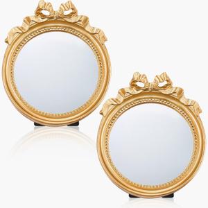 2 Pack Small Vintage Gold Mirror 6" Round Portable Bow Mirror for Women Make up Dressing Bedroom Table Decoration