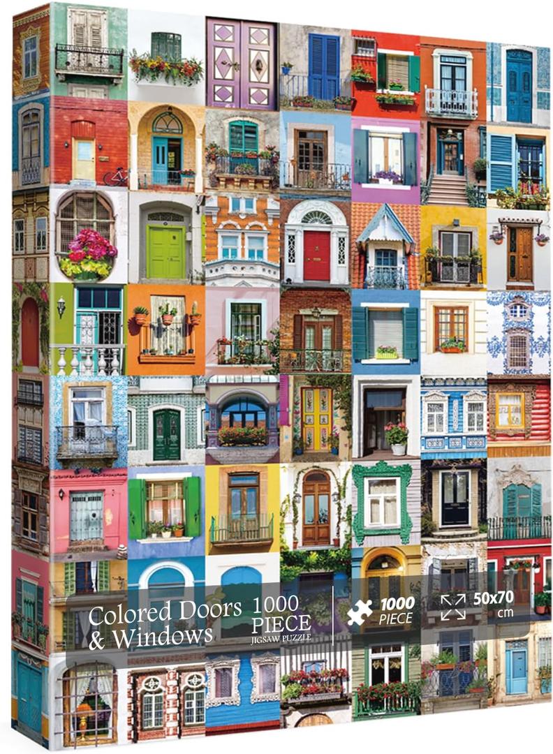 Colorful Doors and Window Jigsaw Puzzles for Adults 1000 Pieces, Vintage Jigsaw Puzzle, Funny Art Puzzles for Adults as Family Game Home Decor