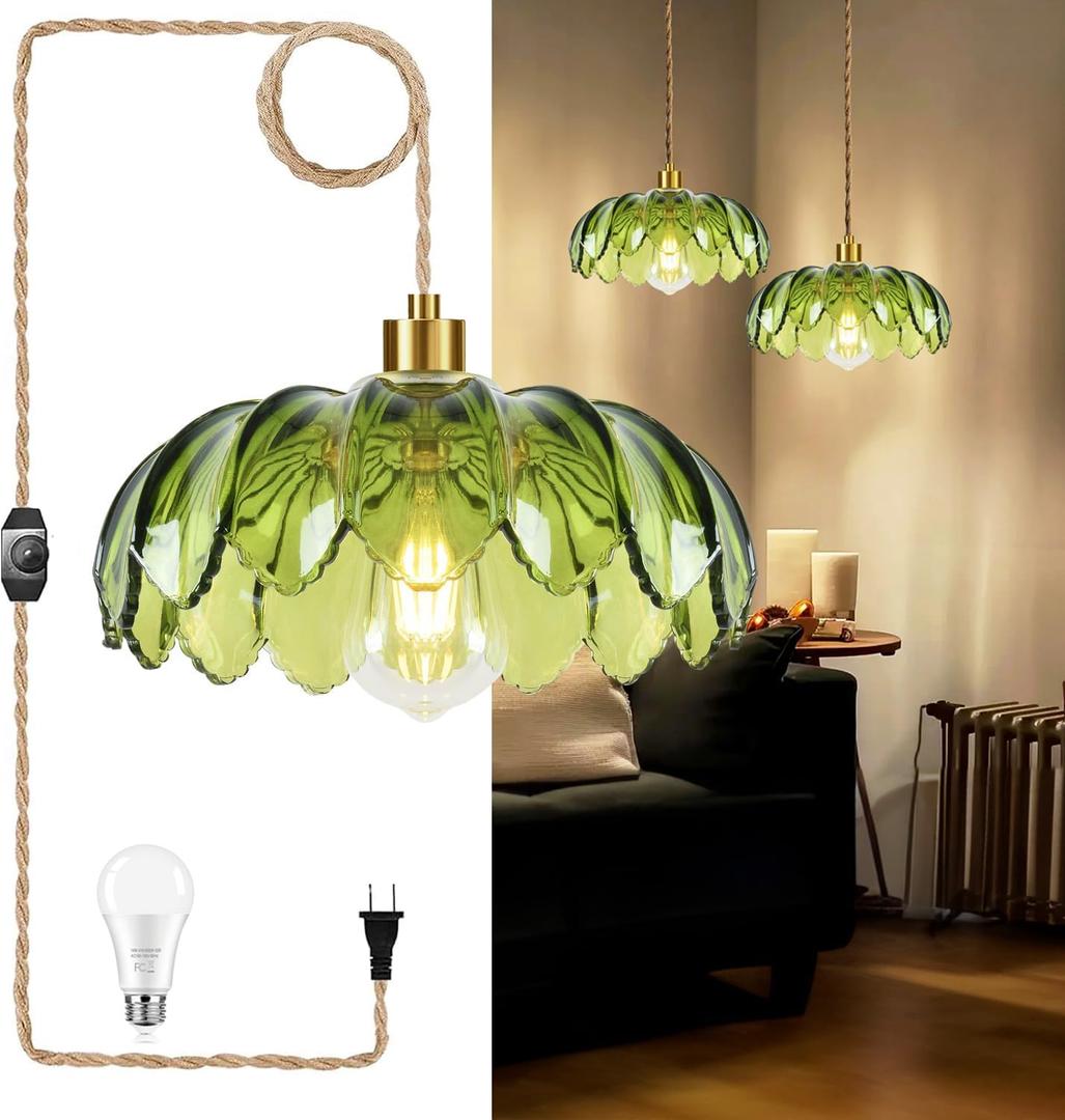 Plug in Pendant Light Hanging Lights with Plug in Cord Boho Hanging Lamp Glass Gold Mid Century Modern Vintage Dimmable Green Flower Plug in Chandelier Ceiling Fixture for Living Room, Kitchen