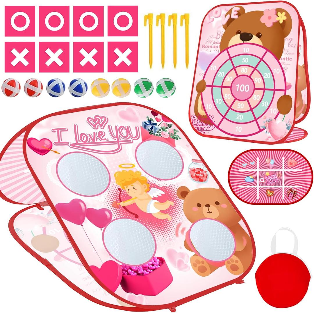 Valentines Bean Bag Toss Game Kids Outdoor Games,Outside Toys for Toddlers 3-5,Outdoor Games for Kids Ages 4-8,Double-Sided Foldable Corn Hole Board Backyard Valentines Party Games Favors Supplies