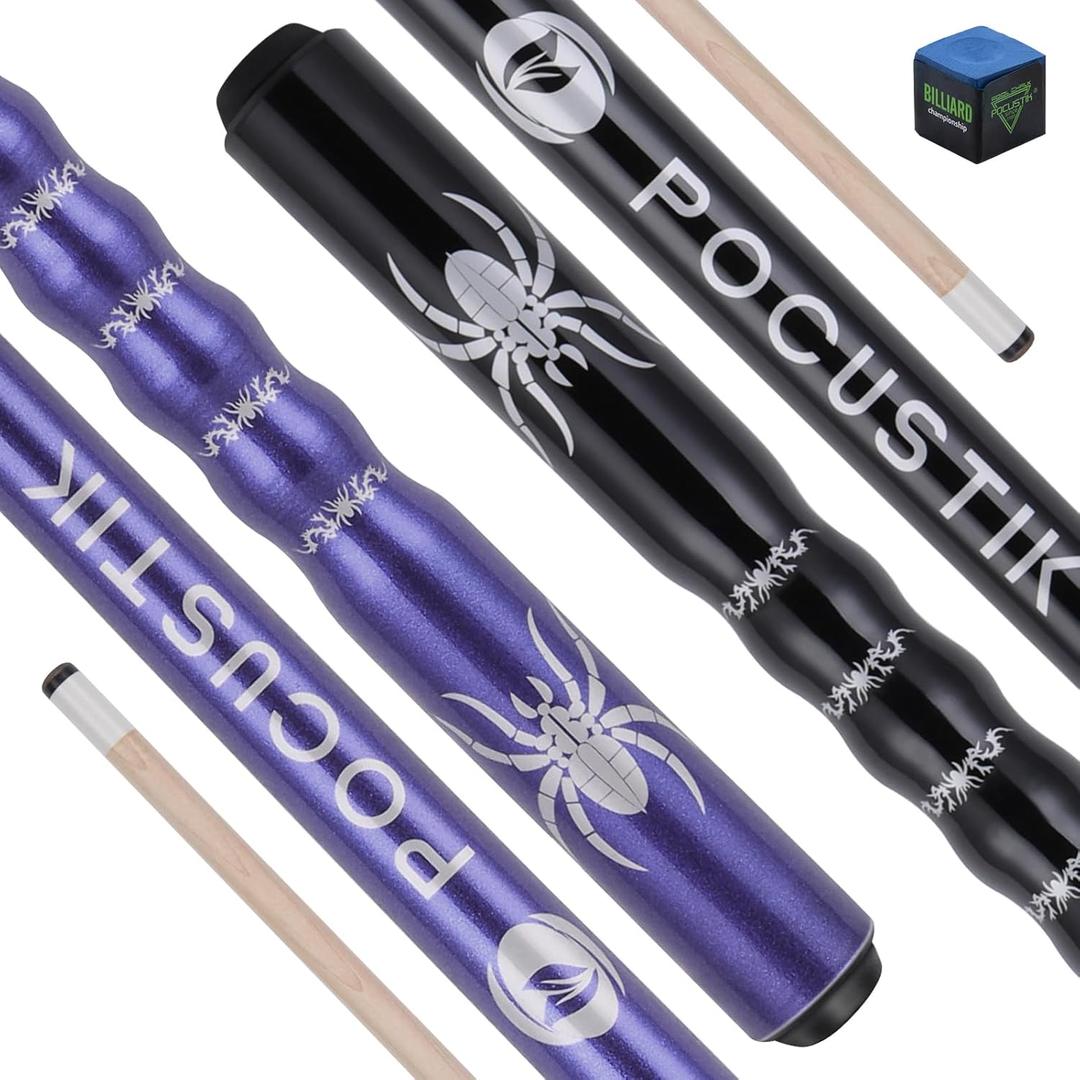 Pool Cues Set of 2, Perfect Pair of 58" 2-Piece Canadian Maple Billiard Sticks with Ergonomic Grip, 13mm Tip & Chalk, Home Bar Pool Stick in 2 Colors for Adults (Purple+Black)