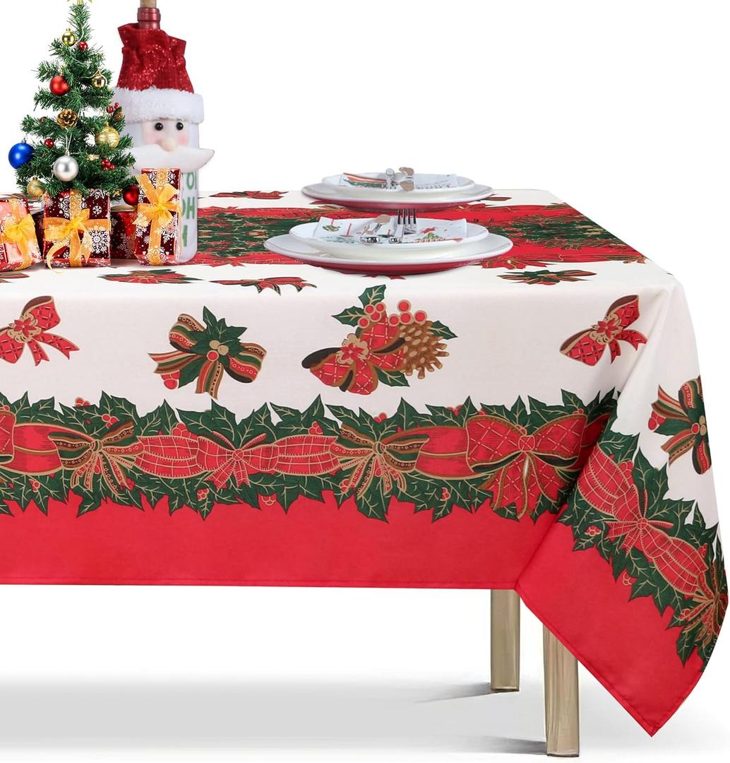 LUSHVIDA Christmas Tablecloth Rectangle - 60x120 inch Holly Ribbon Pattern Washable Wrinkle Resistant Holiday Tablecloths for Christmas Family Gathering, Dining Room Table 130GSM
