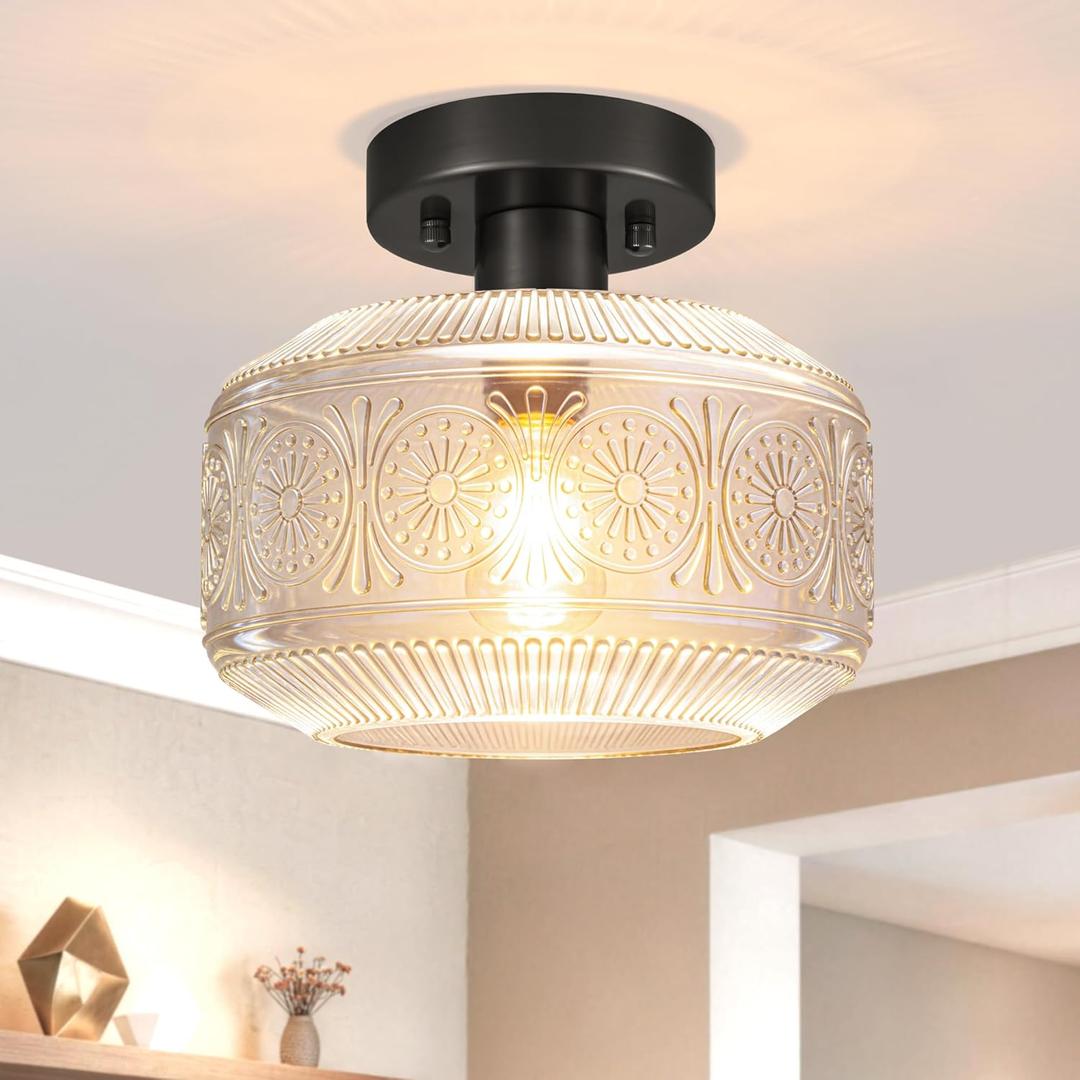 DSMJFU Semi Flush Mount Ceiling Light, Vintage Small Ceiling Light Fixture, Thickened Glass Hallway Lighting Fixture, Black Kitchen Ceiling Mount Light for Entry Way, Bedroom, Bathroom, Porch