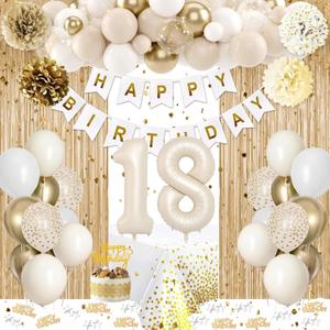 18th Birthday Decorations for Girls, Gold Happy 18th Birthday Decorations White and Gold Balloons Happy Birthday Banner Tablecloth Fringe Curtain Cake Topper Paper Pom Poms Boys Girls 18 Year Old Bday