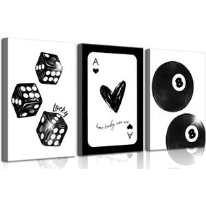 3Pcs Black and White Lucky Dice Canvas Wall Art Trendy Lucky 8 Ball Pictures Wall Decor Preppy Funky How Lucky are We Poker Posters Prints for Girls Bedroom Apartment Dorm 16x24in