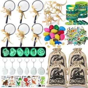 SNLN 12 Sets Dinosaur Party Favors for Kids Birthday, Magnifying Glasses Luminous Keyring Dino Egg Sticker Dino Party Supplies with Skeleton Toy Silicone Bracelet Gift Bag Dino Theme Stuffer Fillers