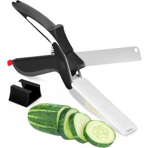 Cutting Board Scissors - 2 In 1 Stainless Steel Vegetable Scissors Cutting Board Knife, Dishwasher Safe, Safety Lock, Rust Resistant - Sharp Kitchen Scissors for Vegetables & Fruits