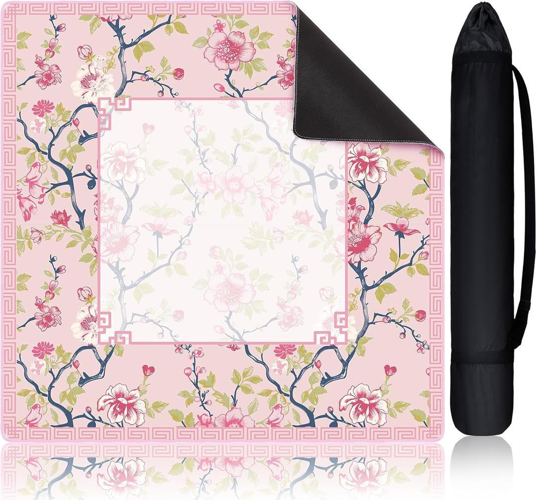 Chinoiserie Mahjong Mat with 1 Carrying Bag 31.5" x 31.5" Pink and White Rubber Anti Slip and Noise Reduction Multi Purpose Game Table Cover for Mahjong, Card, Board Tile Games