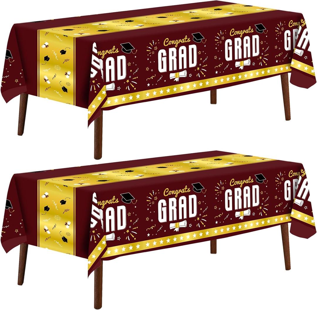 CXPSINC 2 Pack Graduation Tablecloth 54"x108" Disposable Plastic Tablecloths Gongrats Grad Tablecover for Graduation Party Supplies (Graduation Maroon & Gold)