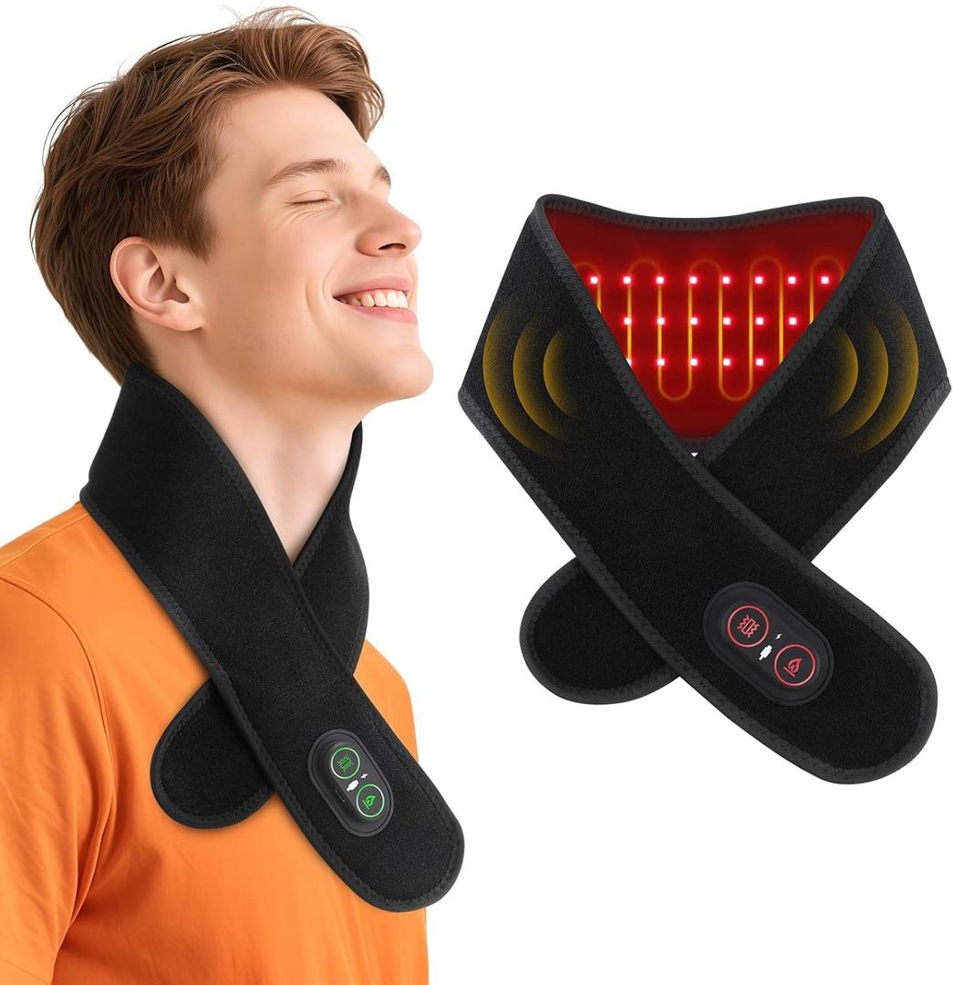 Neck Heating Pad for Pain - Heated Neck Wrap with Electric Massager, Cordless Heating Pad for Neck with 660nm & 850nm Red Light, Heated Neck Brace, 3000mAh, 3 Levels Heat & Massage