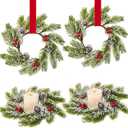 4 Pcs Small Mini Christmas Wreaths for Kitchen Cabinets, Frosted Cedar Christmas Candle Rings Wreath for Pillars Kitchen Cabinet Windows Centerpieces Table Decorations
