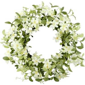 WreathDream 18'' Spring Wreath Summer Wreath for Front Door with Green Eucalyptus Leaves and White Cherry Blossoms for Home Outdoor Farmhouse Porch Wall Decoration, White Gift Box Included