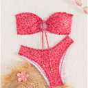 SHENHE Women's 2 Piece Bandeau Bikini Set Floral Print Tie Knot Ruffle Strapless Swimsuits, X-Large Pink