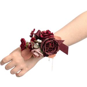 Ling's Moment 6pcs Wedding Wrist Corsage Artificial Flowers, Girl/Mother Homecoming Prom Corsages Wristlet Dcor, etc. Burgundy Dusty Rose