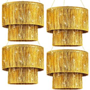 2 Pcs 2 Tier Fringe Tinsel Chandelier Iridescent Foil Party Disco Ball Decor Chandelier Decoration Metallic Foil Shimmering Bachelorette Party Decor Photo Booth Supplies (Gold)