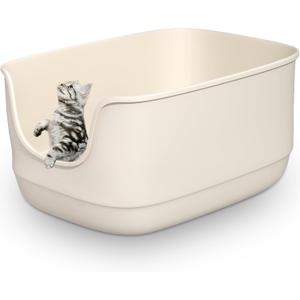 Gefryco Large Cat Litter Box with High Sided 24.6"x18.3"x12.2" - Jumbo Extra Large Open Anti - Splashing High Wall for Multiple Cats (White)